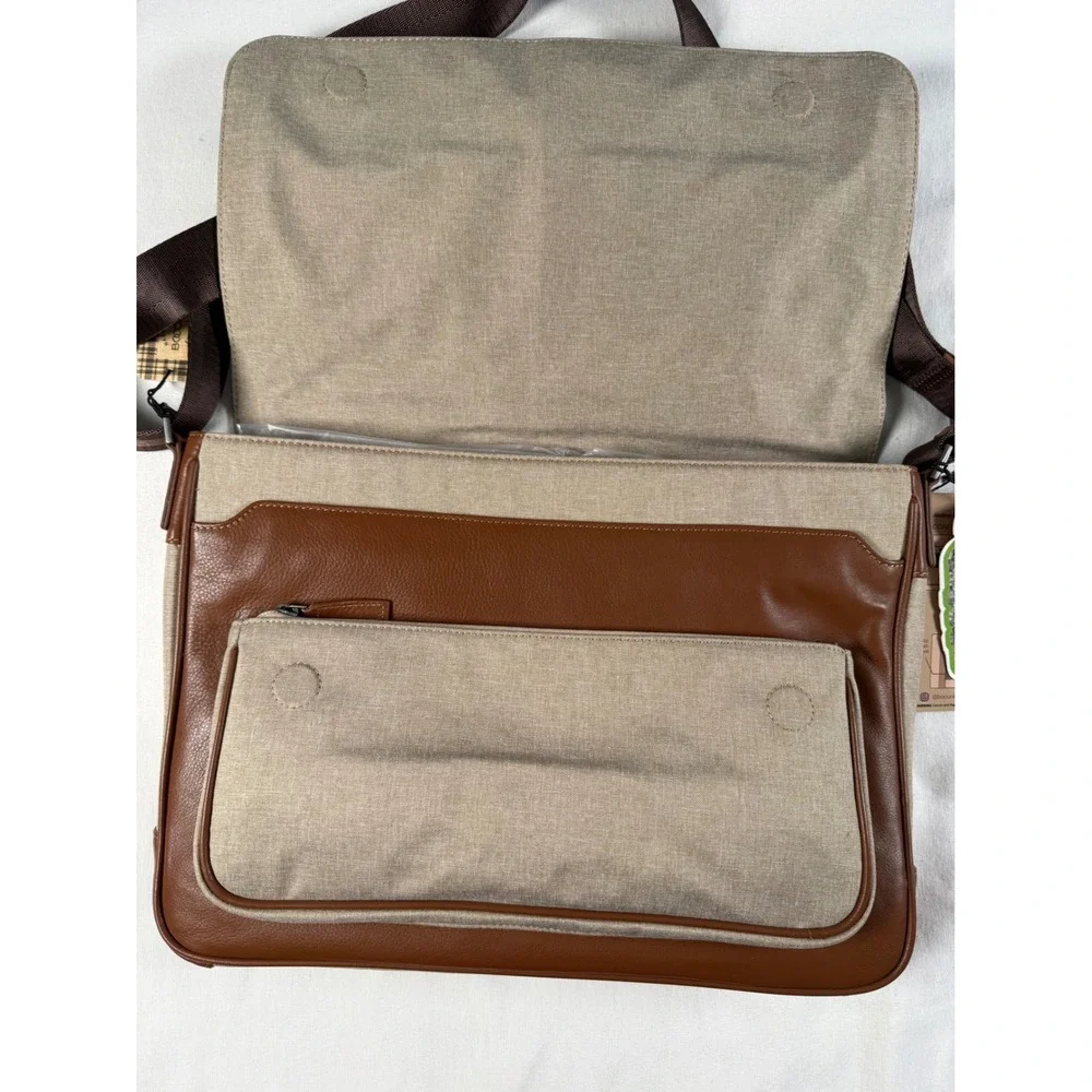 Boconi RPET Slim Messenger Bag Brown‎ Leather Recycled Fabric Laptop RFID New